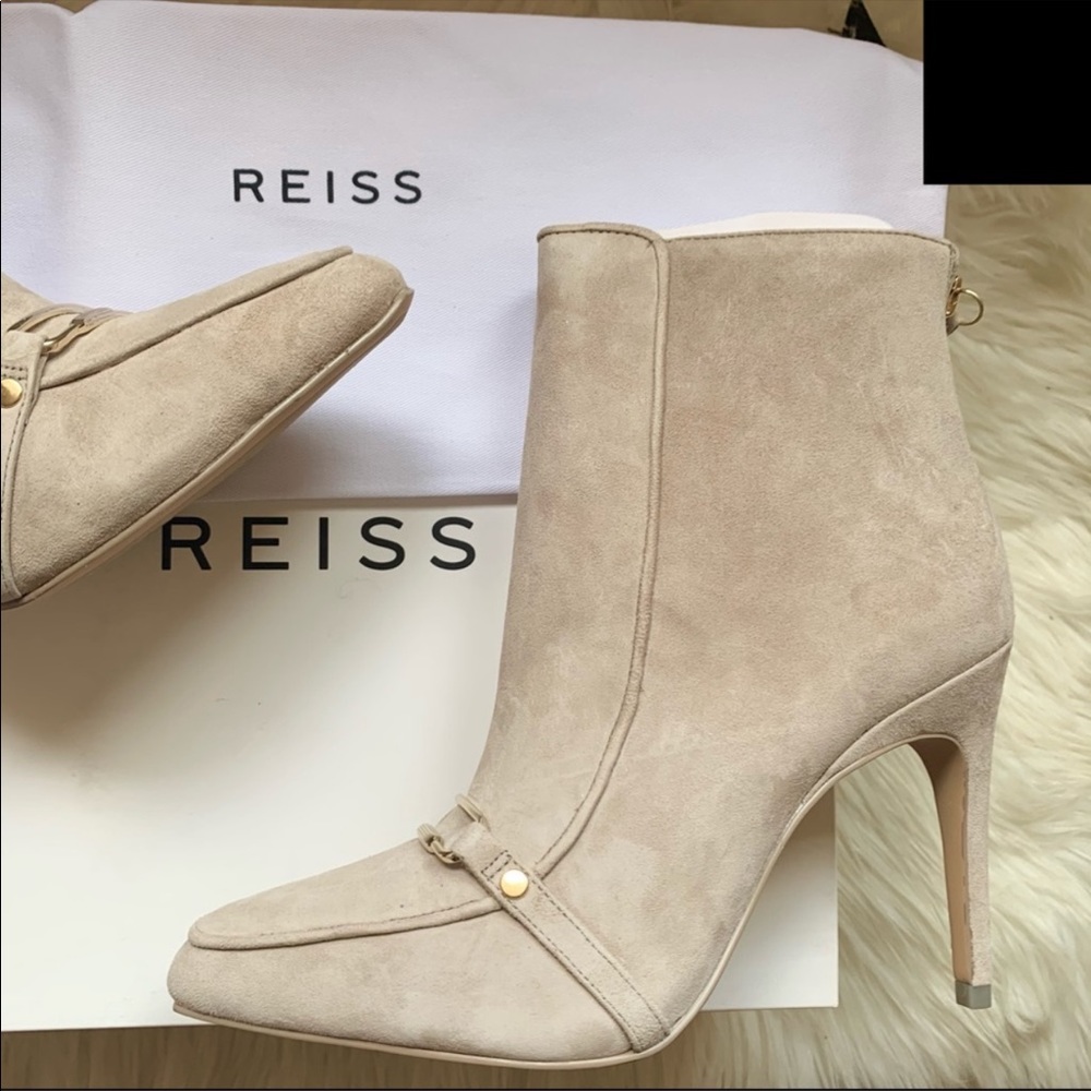 New! Rare REISS Paris Jett Embellished Suede Ankle Booties in Taupe - Picture 6 of 13